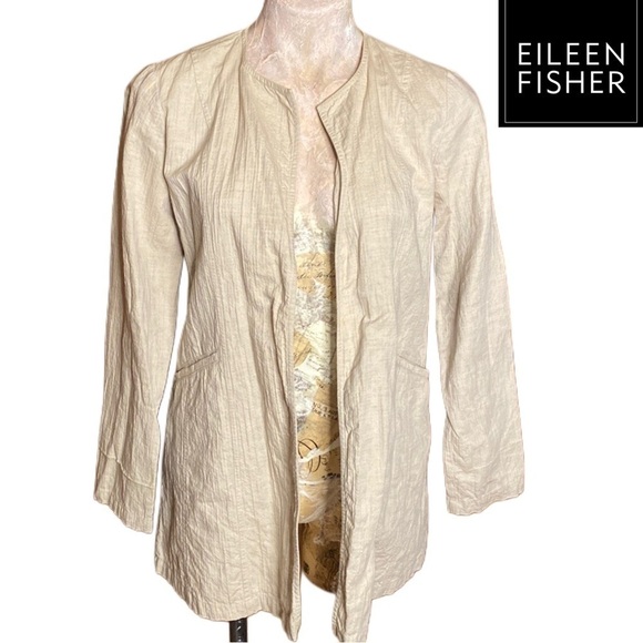 Eileen Fisher Cream Tan crinkled Linen Cotton blend long Jacket cardigan Sz XS - Picture 1 of 11